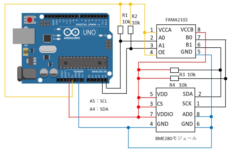 ArduinoとBME280モジュール(I2C)の配線例