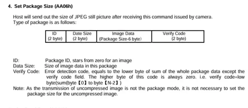 引用：CJ - CAM User Manual  OV528 Protocol  4.Set Package Size