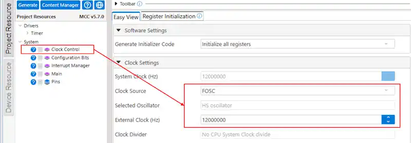 MCCのClock Controlの設定